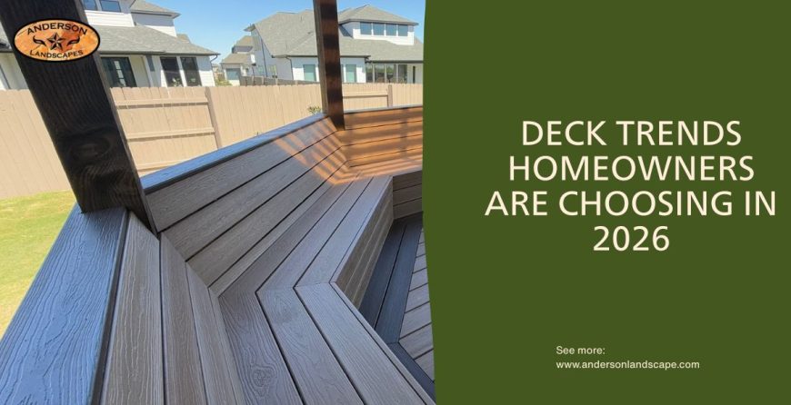 Modern composite deck with pergola and outdoor seating showcasing 2026 deck trends in Austin, TX